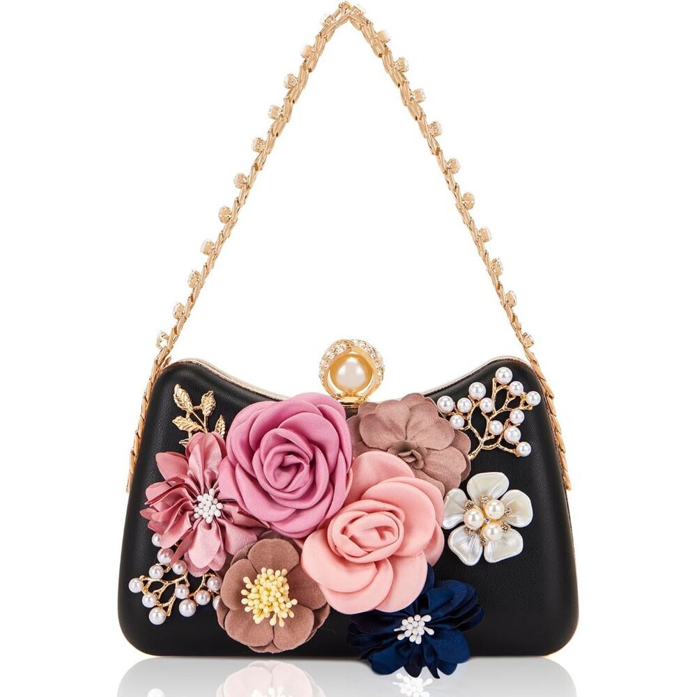 Unique Black Floral Pearl Clutch with Crystal Top Handle for Weddings & Evenings